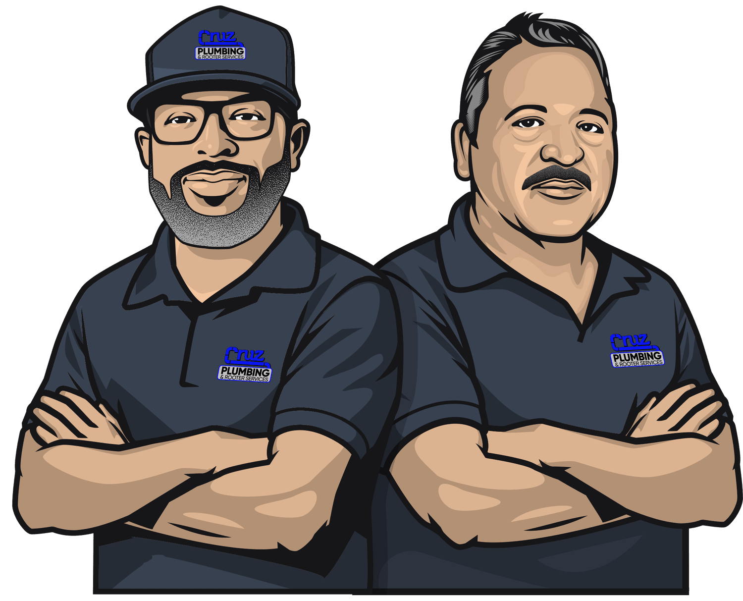 Cartoon portraits of the Cruz Plumbing owners in company shirts