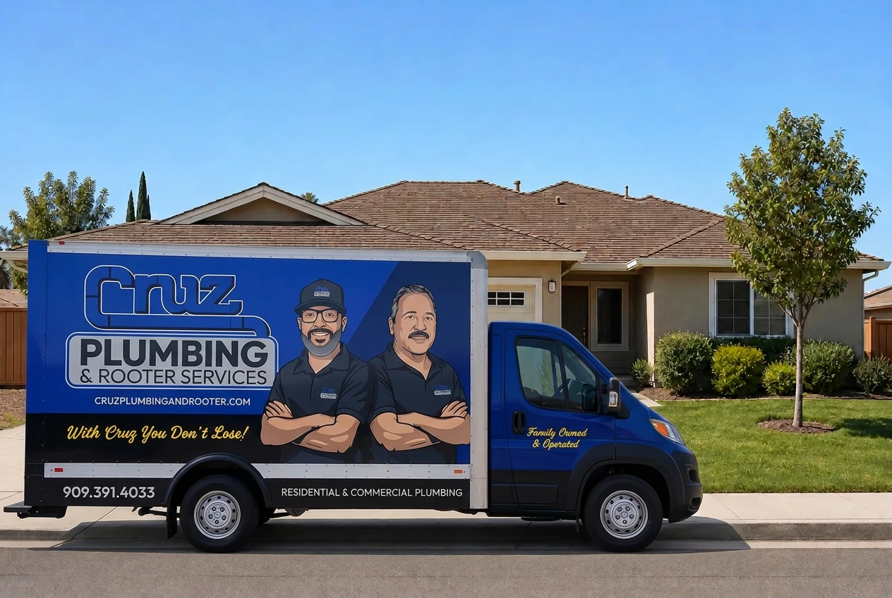Cruz Plumbing & Rooter service truck parked in front of a stucco California tract home