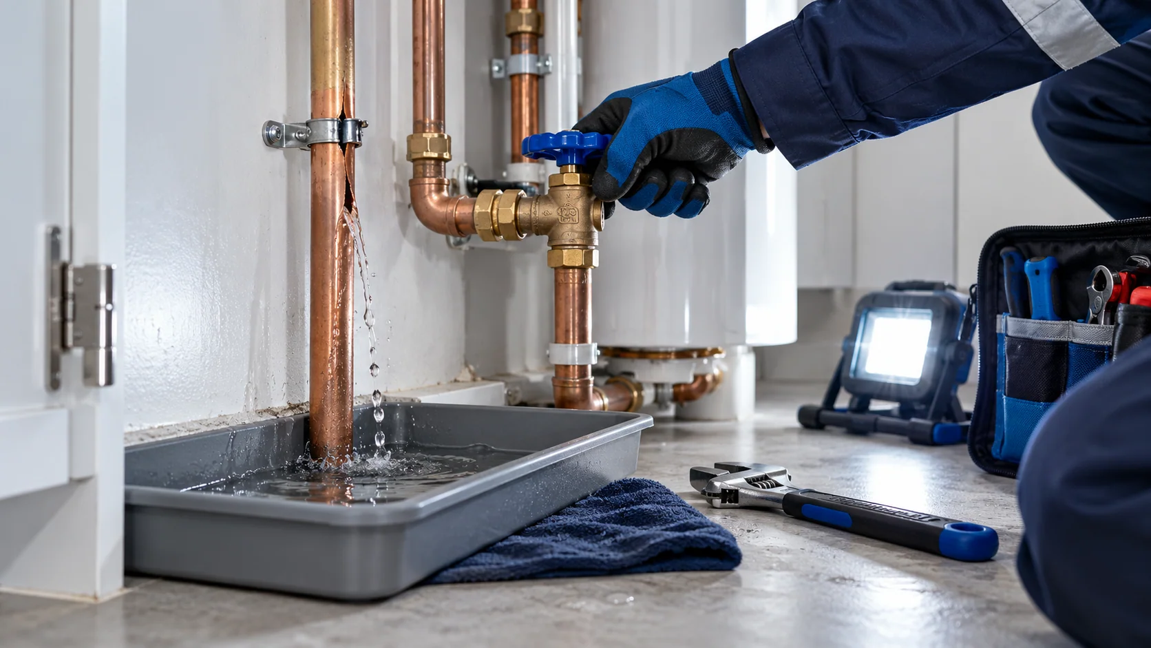 Technician shutting off water beside a leaking pipe and catch tray
