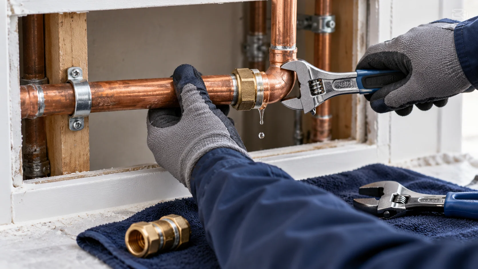 Technician securing a repair coupling on a dripping copper pipe joint