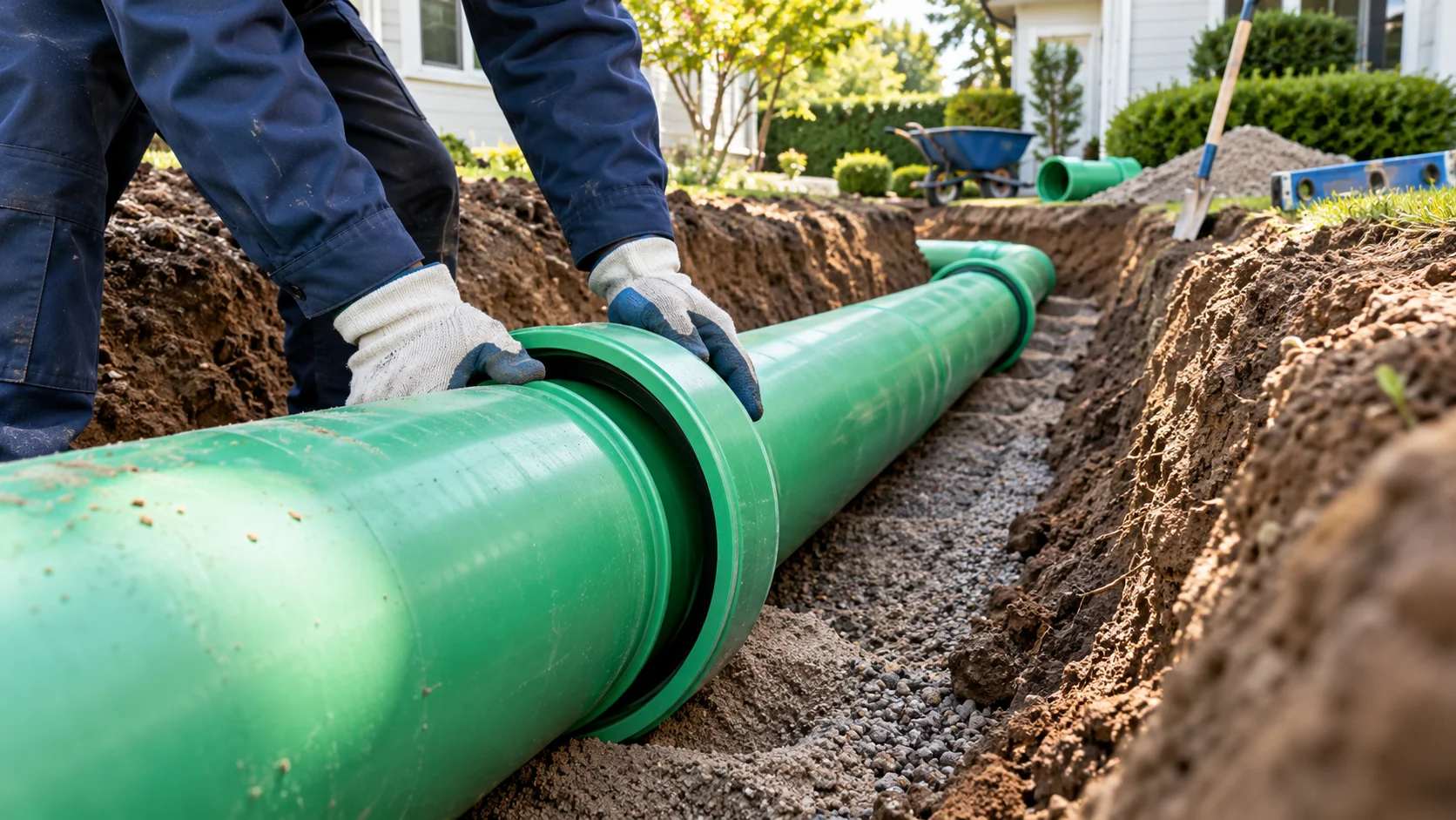 New green sewer piping being joined inside an excavated residential trench