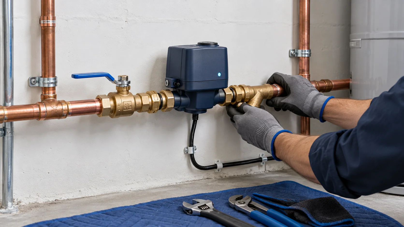 Illustrative smart water shutoff assembly connected to copper water piping