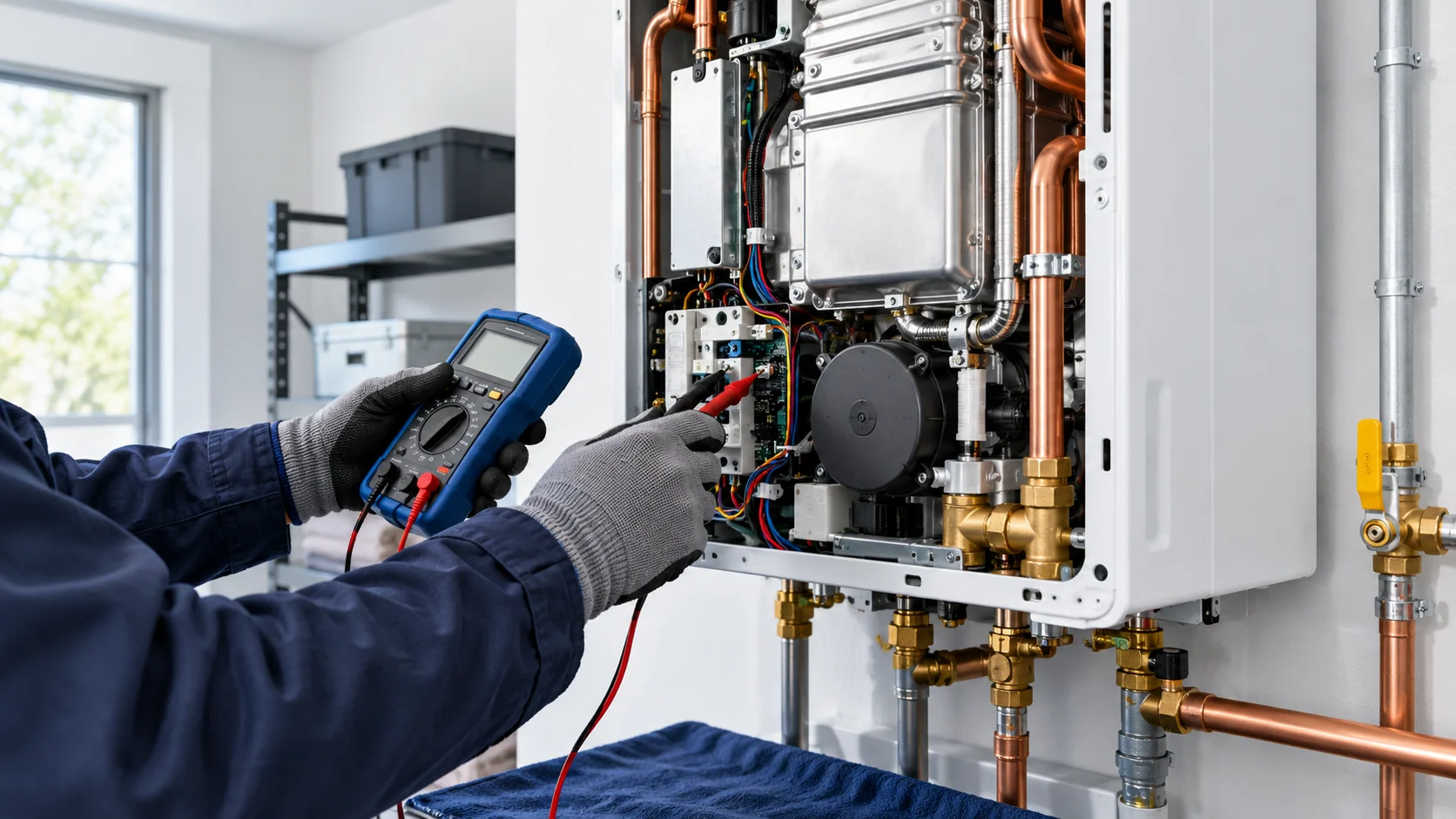 Technician diagnosing an open tankless water heater with a test meter