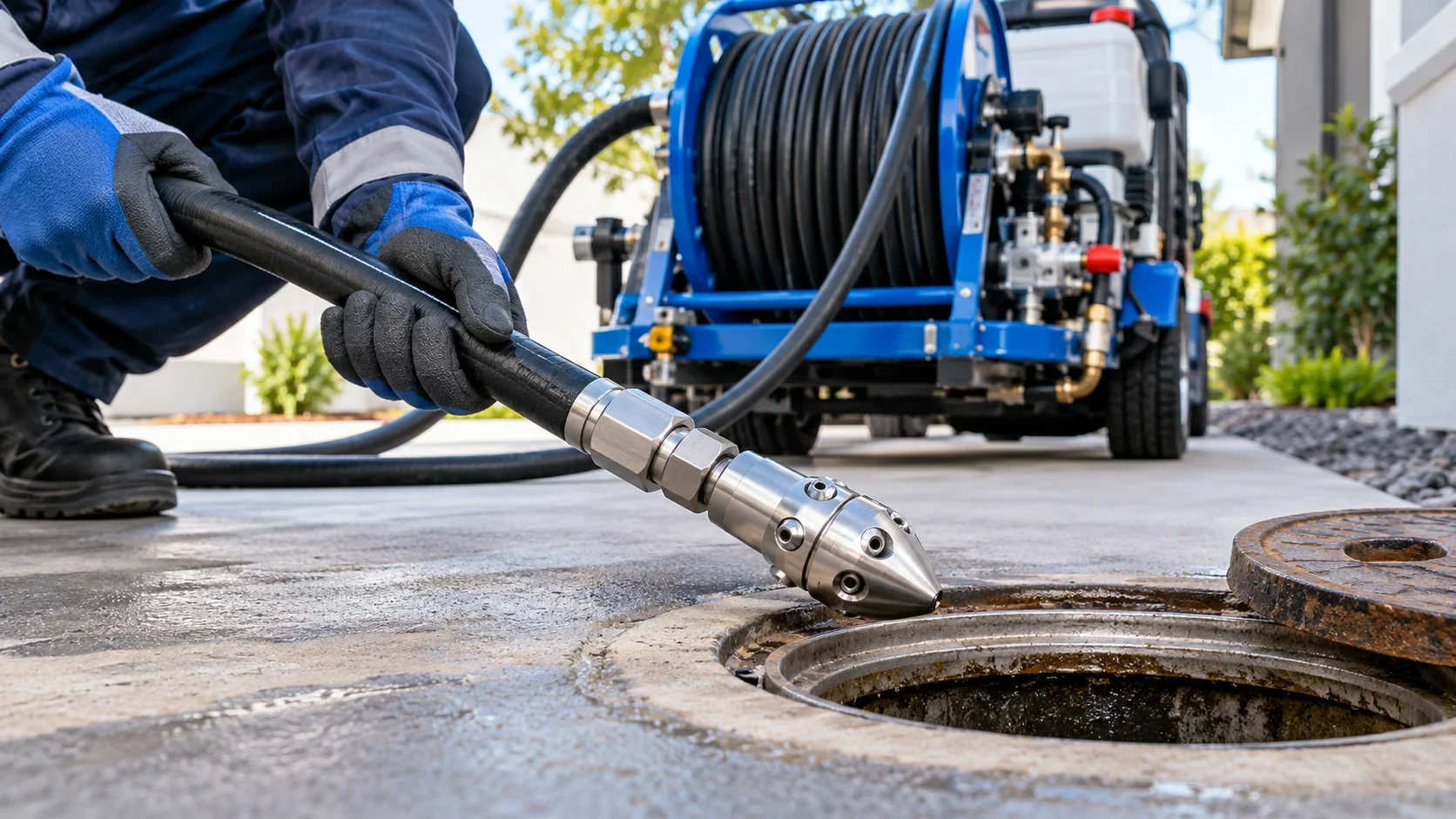 High-pressure hydrojetting hose and stainless steel jet nozzle at a sewer access