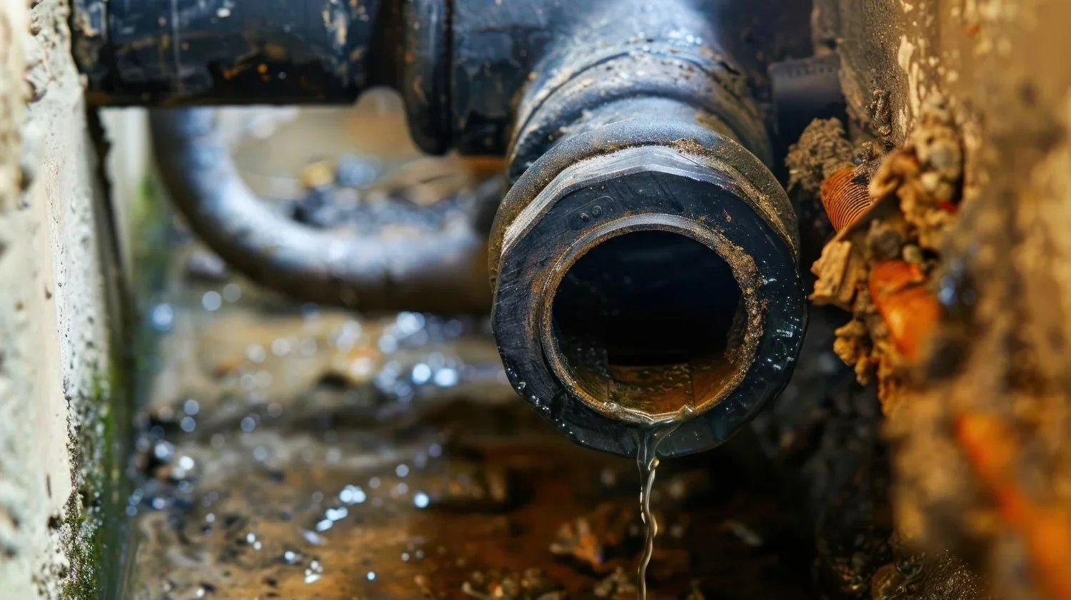 Water leaking from a damaged pipe connection