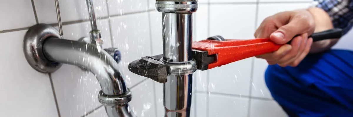 Plumber using a pipe wrench on the drain beneath a sink