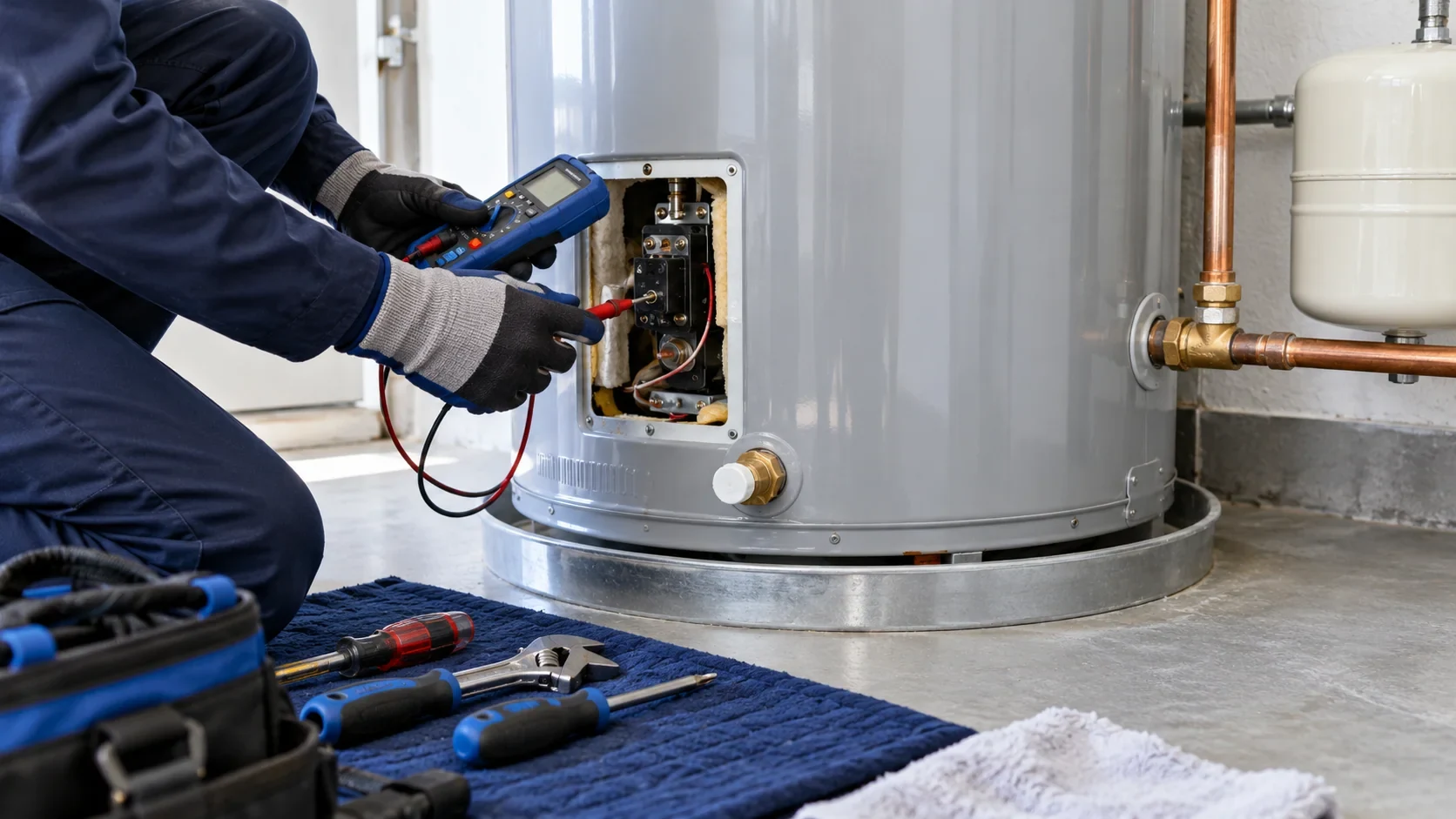 Technician diagnosing a conventional tank water heater at its service access panel